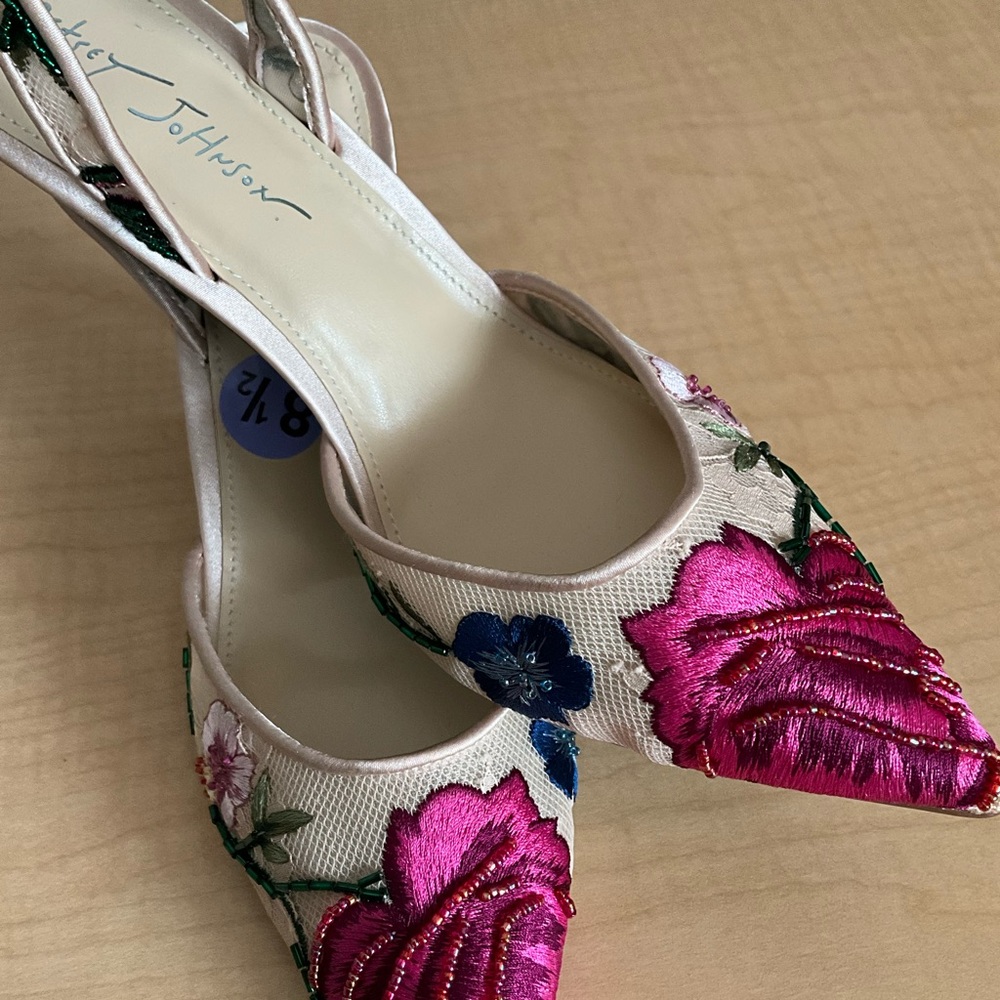 Embroidered Floral Slingback Heels in Pink & Blue - Picture 6 of 7